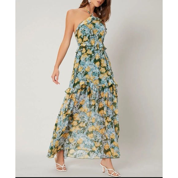 NWT Tie Backless Layered Ruffle Floral Halter Dress - Picture 2 of 5
